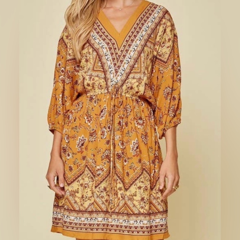 Mustard Yellow Boho Print Mini Dress with Dolman Sleeves and Tie Waist